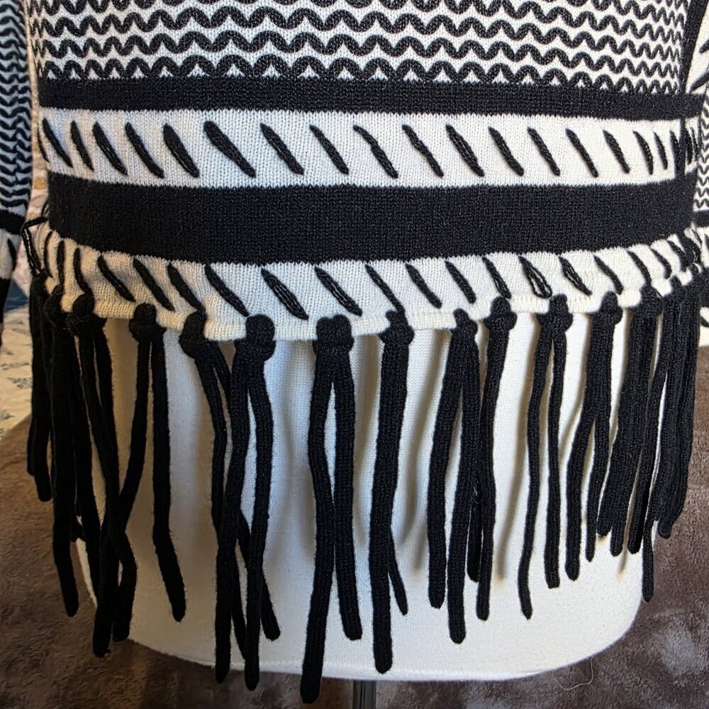 Iphoria 100% Cashmere Fringe Sweater XS Black White Graphic Heart Boho Luxe - Picture 9 of 16